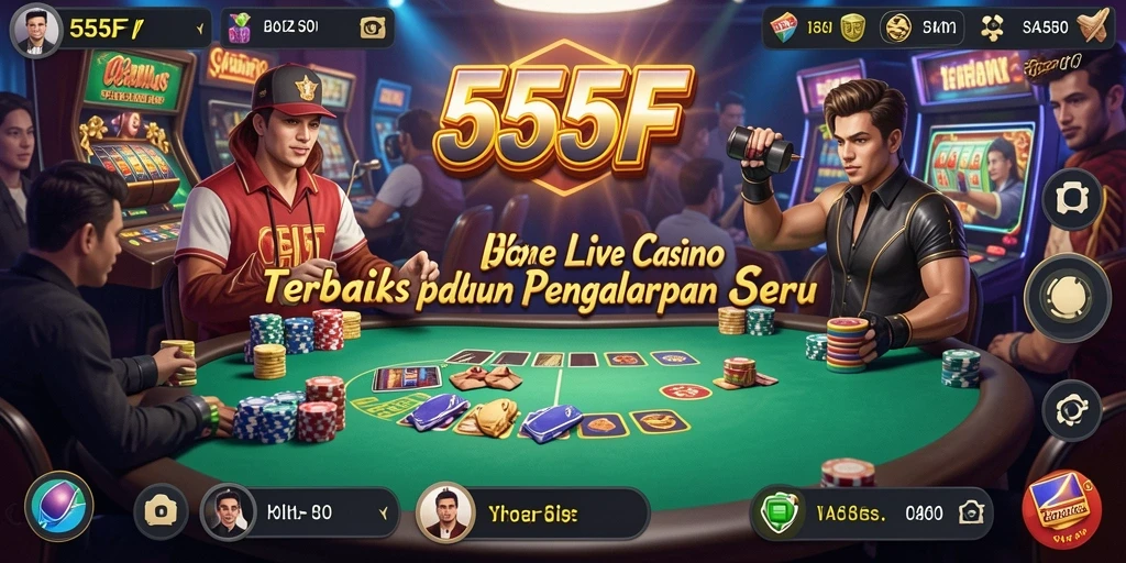 Screenshot permainan Live Casino 555F menampilkan dealer dan interaksi pemain.
