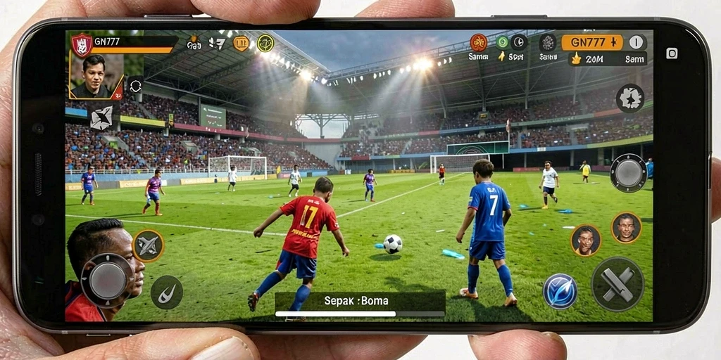 Tangkapan layar dari gameplay <strong>GN777</strong> menampilkan aksi sepak bola yang mendebarkan.