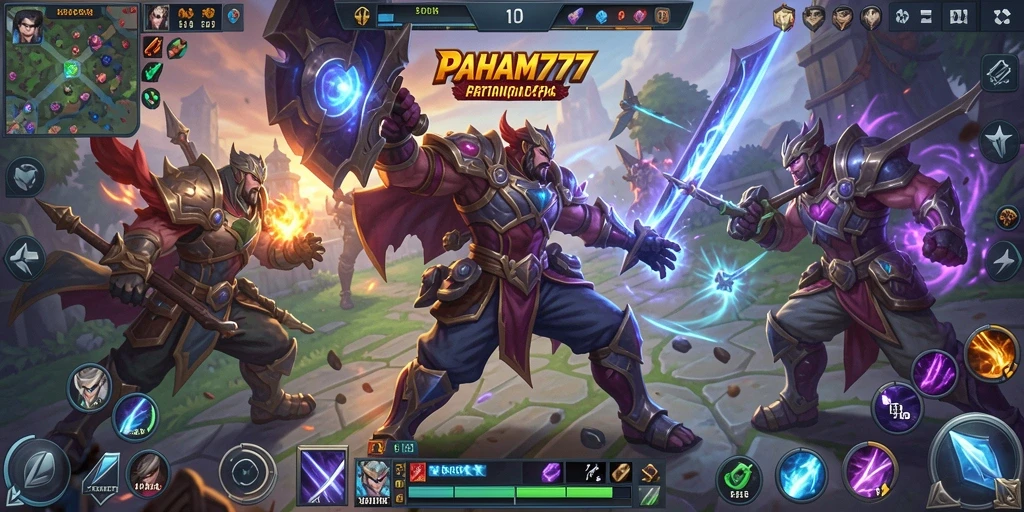 Tangkapan layar utama PAHAM777 menampilkan pertarungan seru dalam gameplay MOBA.
