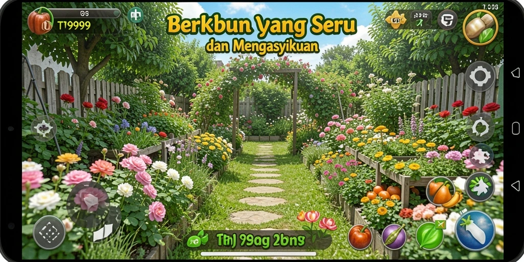Gameplay menarik T9999 yang menampilkan kebun yang indah dan hasil panen melimpah.