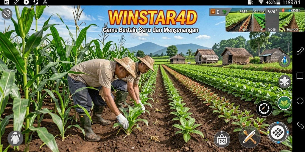 Tangkapan layar gameplay WINSTAR4D yang menunjukkan ladang yang subur.